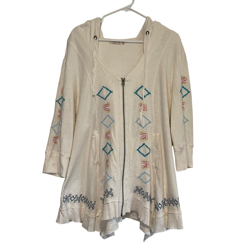 Caite Women's XL Cream Geometric Embroidered Zip Up Hoodie Jacket Boho Lagenlook